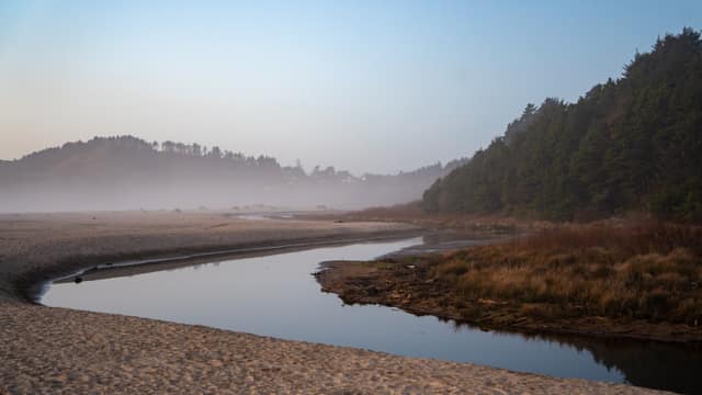 Mist and mirror-still river at dawn