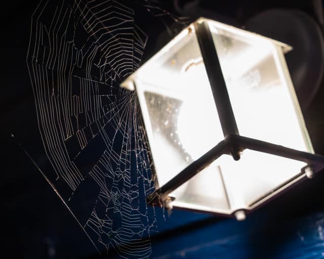 A glass lantern glowing beside a dew-strung spider web