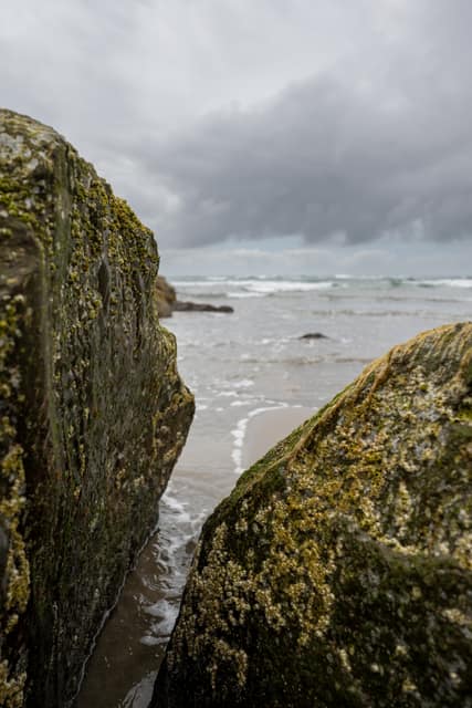 Moody rocks on a gray shore