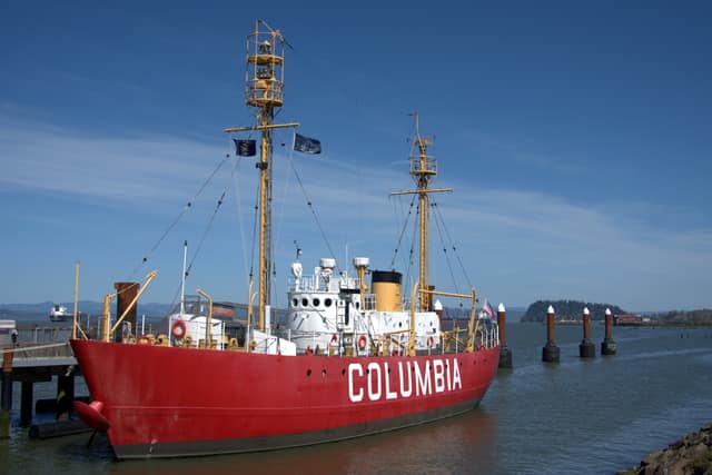 The red lightship Columbia moored on the Columbia River in Astoria