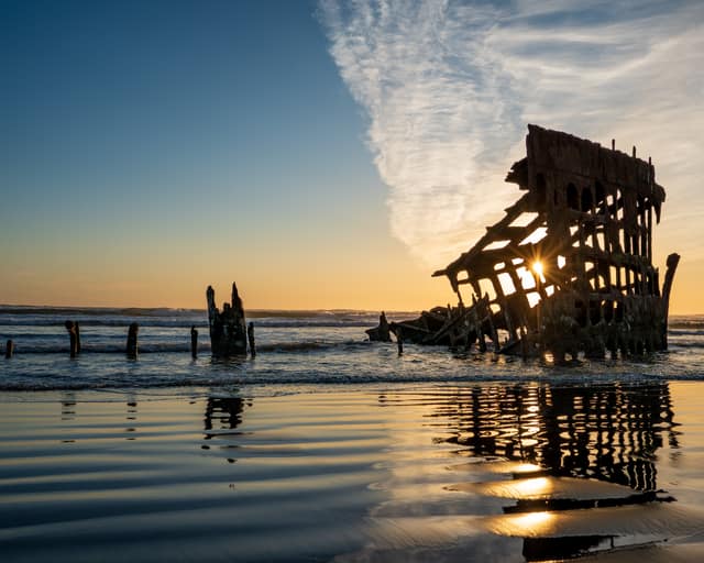 Shipwreck ribs glowing in sunset light