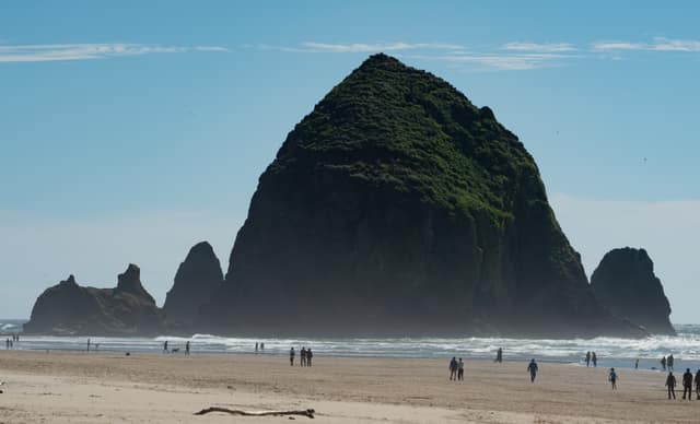 Haystack Rock with beachwalkers below
