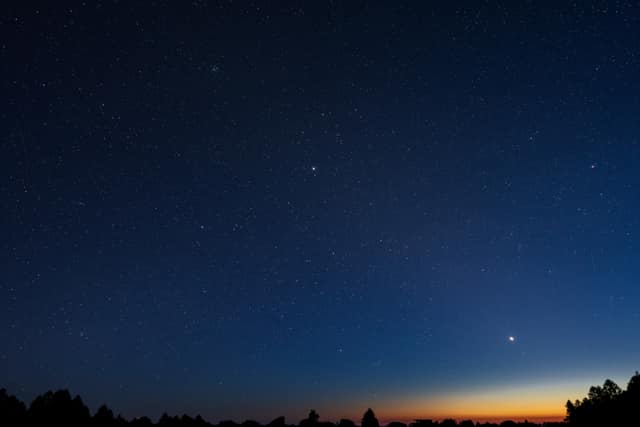 First stars over a dusk treeline