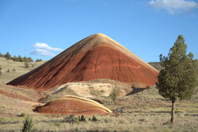 A red-banded hill in the Painted Hills beside a lone juniper