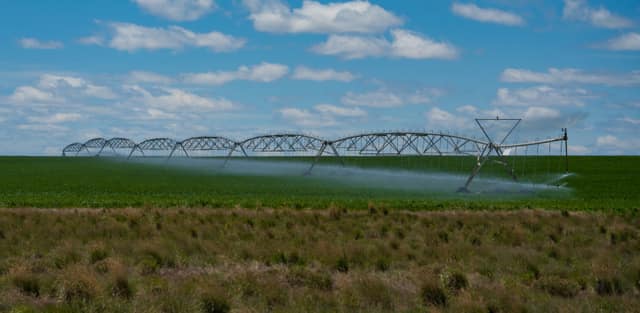 Irrigation sprinklers arcing over farmland